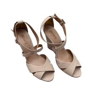 Schutz Wedge Strappy Sandals Beige Nubuck Size 8
